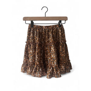 Girls Brown Floral Ruffle Skirt – Youth Size M, Elastic Waist, Boho